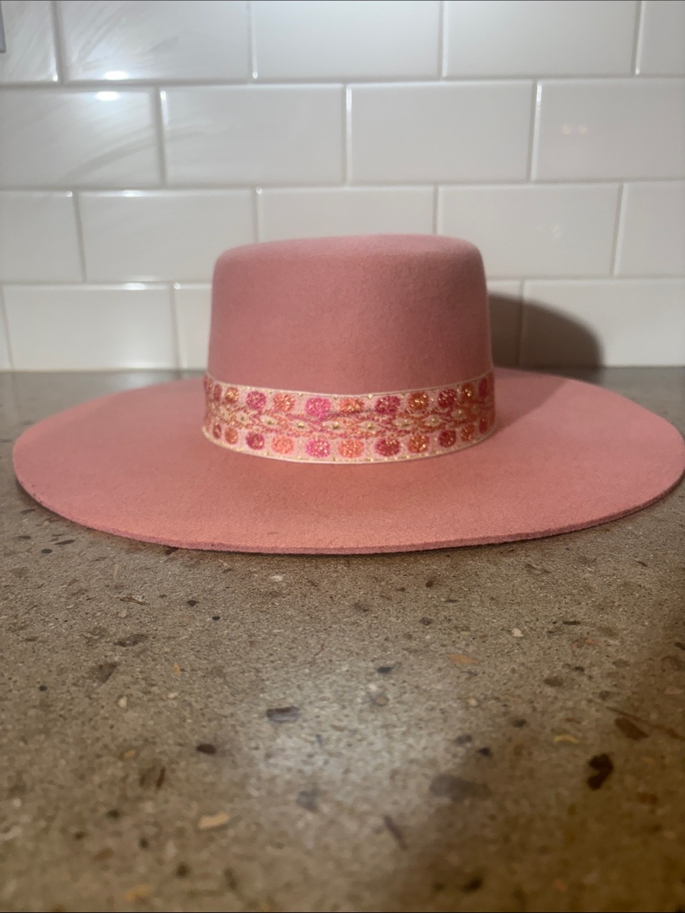 Lack of Color Pink Wool Wide Brim Boater Hat Floral Ribbon - Picture 2 of 5
